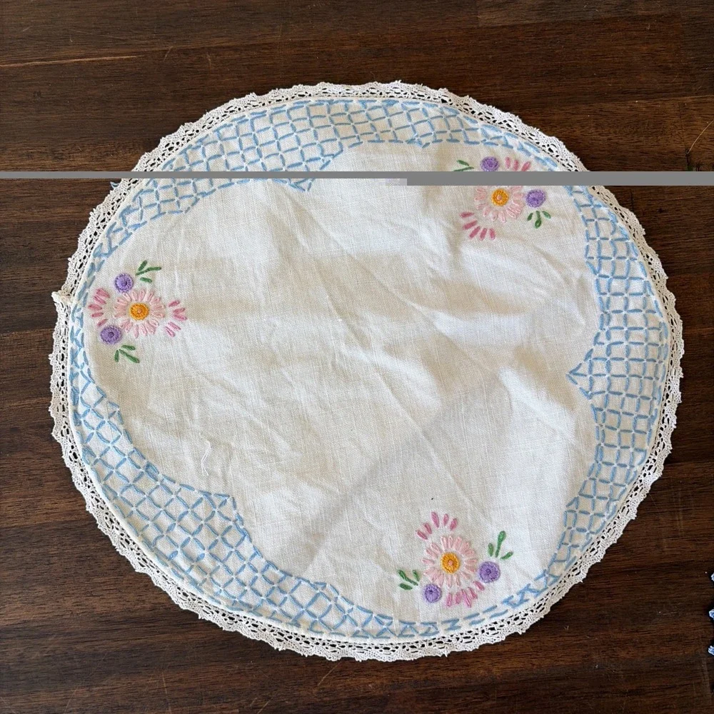 Vintage Floral Hand Embroidered Dollies (2) & Runner Floral Cottagecore Grandma